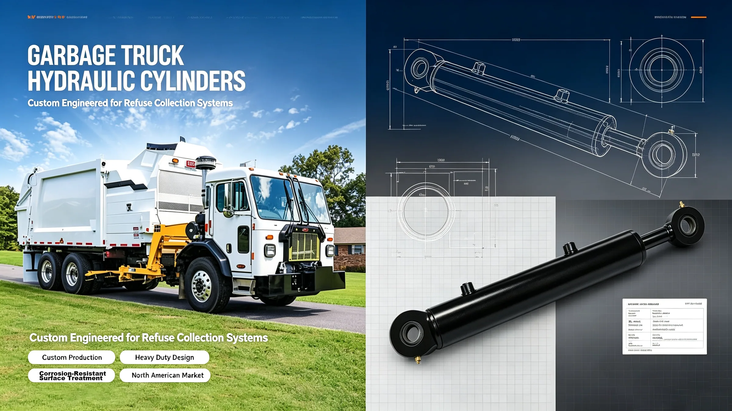 Side loader garbage truck with a hydraulic cylinder and its installation layout
