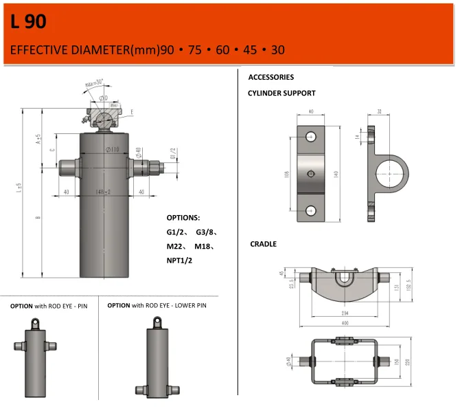 L90 underbody cylinder dimensional drawing with cylinder support and cradle accessories